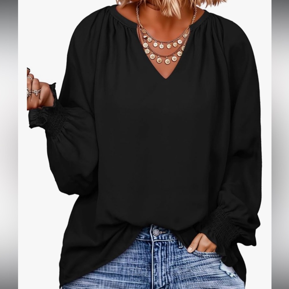 Women's Black V-Neck Long Sleeve Blouse with Smocked Cuffs